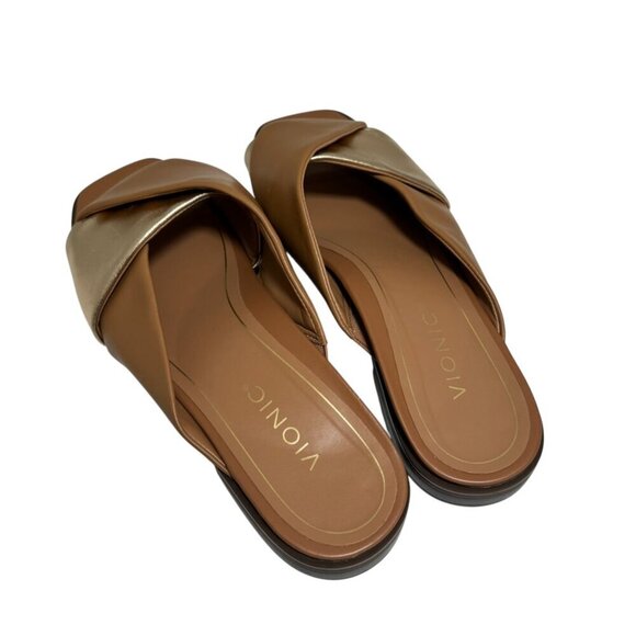 VIONIC Miramar Tan/Gold Slide Sandals Flat SZ 9.5 NEW $140 - Picture 3 of 4